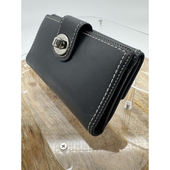 COACH BLACK GENUINE LEATHER BIFOLD SNAP WALLET Silver Turn  Key Lock Credit Card - Picture 2 of 11